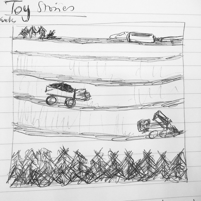 Preliminary sketch of Dump Trucks in an open pit mine, Toy Stories, 2017